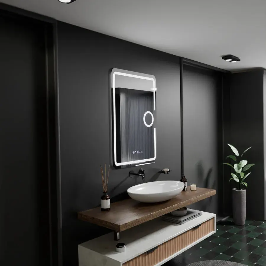 Oglinda LED Rectangulara, 50x70cm, Eclat MotionGlow Marcello, Sistem Dezaburire, Ceas & Termometru, Lupa Cosmetica, Dimabila