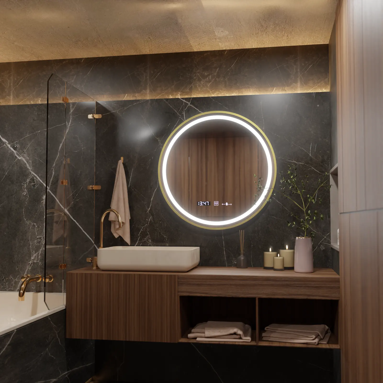 Oglinda LED Rotunda, 60cm, Celeste Royale Gold MotionGlow Marcello, Sistem Dezaburire, Ceas & Termometru, Dimabila