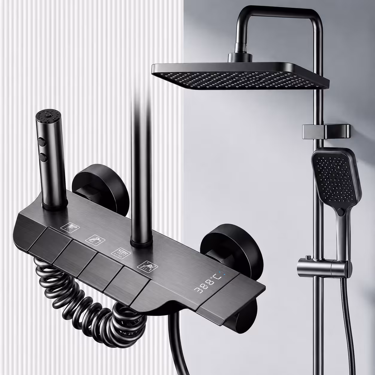 Coloana de dus ATID, Metal, Para Patrata, Efect Ploaie, 3 Functii, Montare Pe Perete, Negru, Accesorii Incluse