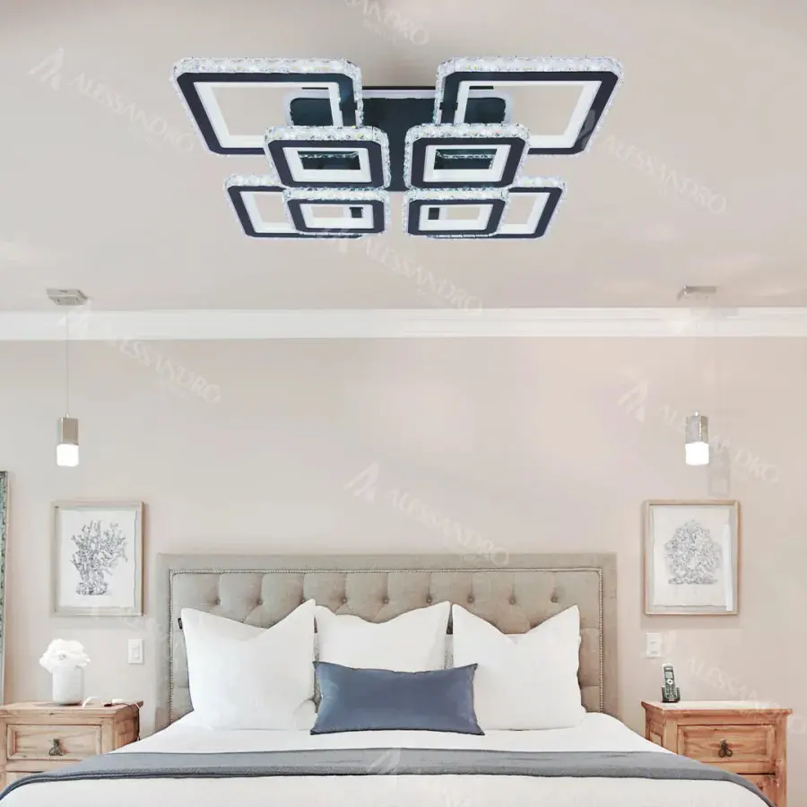 Lustra LED cu telecomanda si cristal LEILA RGB 176W, 8 Patrate, lumina Rece/Calda/Neutra, Dimabila, Negru