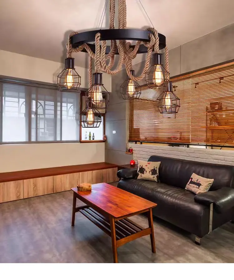 Previzualizare 2: Lustra Suspendata Vintage, LV583/6BK, 6xE27, Diametru 60 cm, Inaltime Reglabila, IP20, Maro, Metal si Sfoara, Becuri Neincluse