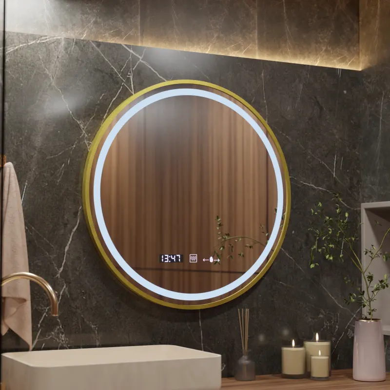Previzualizare 3: Oglinda LED Senzor MotionGlow Faratya Sistem Dezaburire Termometru si Ceas Rama Auriu Periat Rotunda Diametru 100 cm Lumina Rece/Calda/Neutra Dimabila Colectia Marcello Funghi