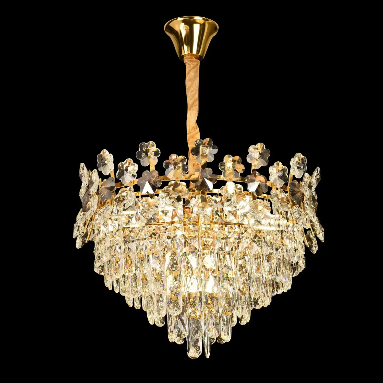 Candelabru Cristal FLORENCE Eleganza 9x E14, Diametru 50cm, Auriu Lucios, Inaltime Reglabila