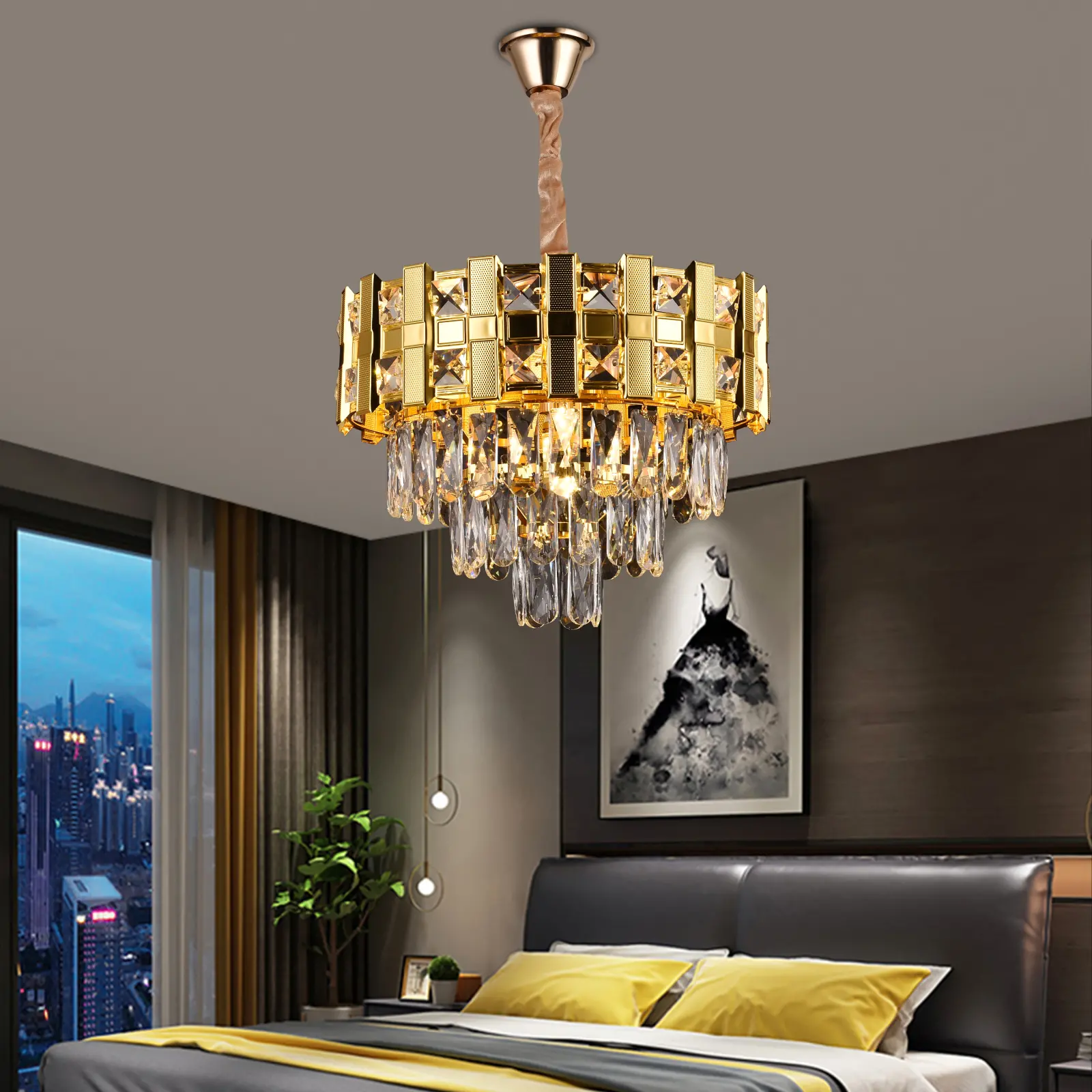 Candelabru Cristal BRAN Nobile 5xE14, Diametru 40cm, Auriu Lucios, Inaltime Reglabila