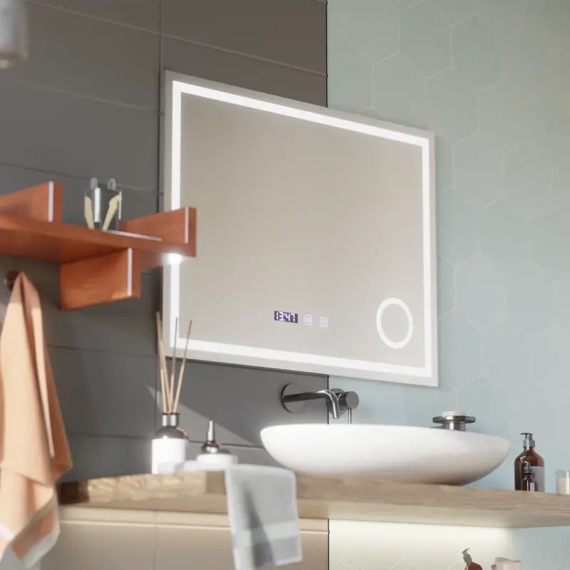 Oglinda LED Touch NIVERA Sistem Dezaburire, Ceas si Temperatura 80x60 cm Lupa Cosmetica