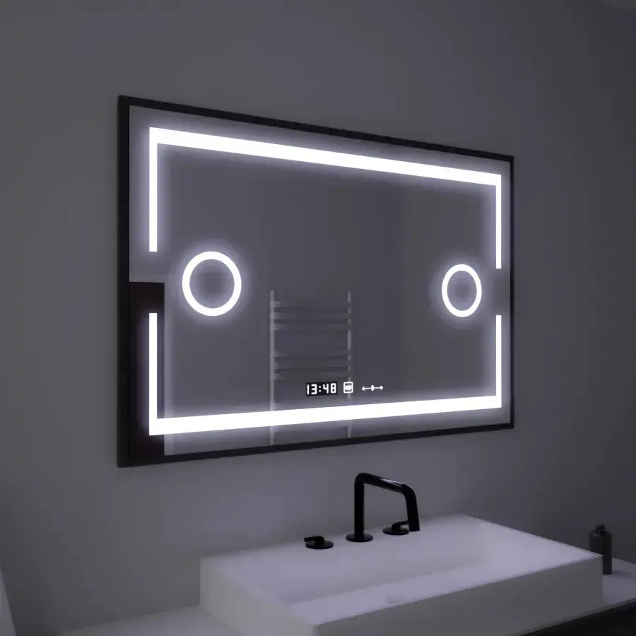 Oglinda LED Rectangulara, 120x80cm, Senzor MotionGlow Marcello, Sistem Dezaburire, Ceas & Termometru, Lupa Cosmetica, Dimabila