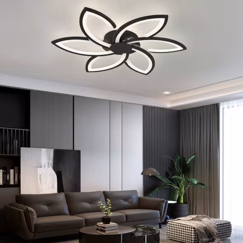 Lustra LED cu telecomanda si cristal FLORA 82W, 6 Petale, lumina Rece/Calda/Neutra, Dimabila, Negru