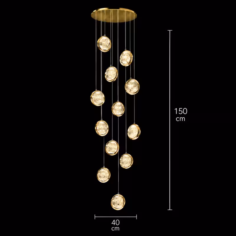 Previzualizare 4: Candelabru Cristal FRAME LED cu Telecomanda, Suspendat, 12 Surse, 36W, Diametru 40cm, Lumina Calda / Neutra / Rece, Inaltime Reglabila, Auriu, Metal si Cristal