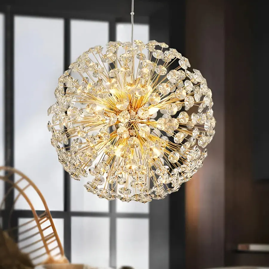 Candelabru Cristal KHUJANT 9x G9, Diametru 50cm, Auriu Lucios, Inaltime Reglabila