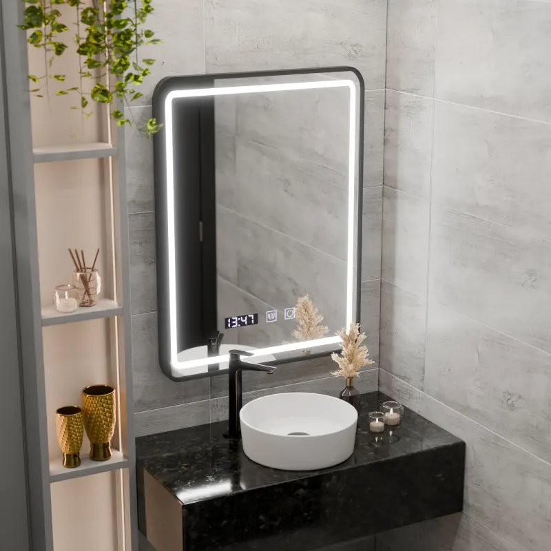 Previzualizare 4: Oglinda LED Touch LUCIDA Sistem Dezaburire, Ceas si Temperatura 50x70 cm Rama Negru Brushed