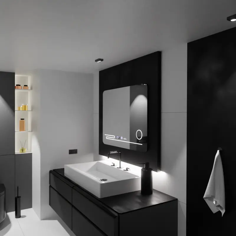 Oglinda LED Rectangulara, 80x60cm, Harmonie MotionGlow Marcello, Sistem Dezaburire, Termometru si Ceas, Lupa Cosmetica, Dimabila