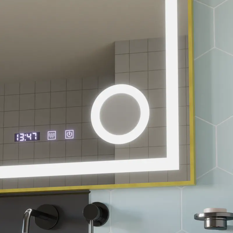 Previzualizare 2: Oglinda LED Touch CLARUS Sistem Dezaburire, Ceas si Temperatura 80x60 cm Rama Auriu Brushed Lupa Cosmetica