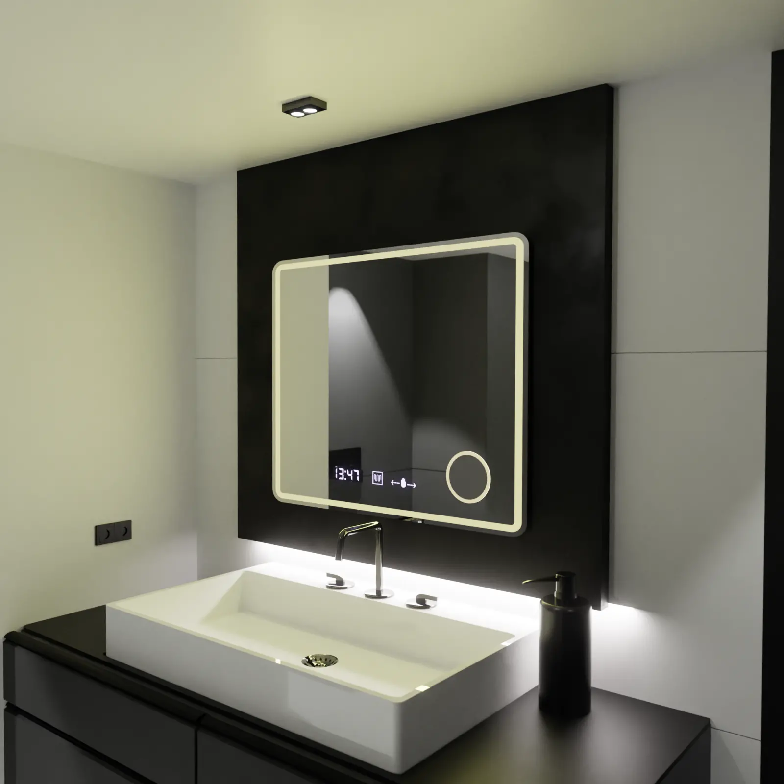 Oglinda LED Rectangulara, 80x60cm, Riflesso MotionGlow Marcello, Sistem Dezaburire, Ceas & Termometru, Lupa Cosmetica, Dimabila