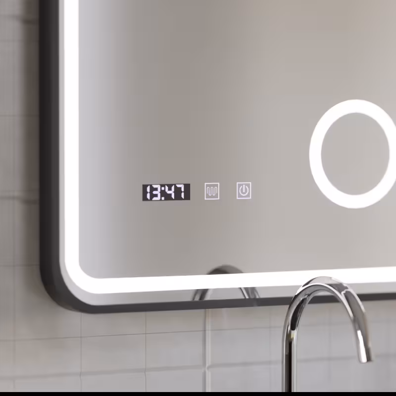 Previzualizare 2: Oglinda LED Touch Ulrich Sistem Dezaburire, Ceas si Temperatura 75x90 cm Rama Negru Brushed Lupa Cosmetica
