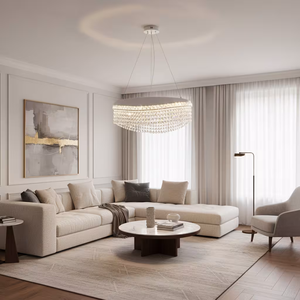 Candelabru Cristal VOLNA Eleganza, 102W, D50cm, Lumina Calda/Neutra/Rece, Alb, Metal si Cristal
