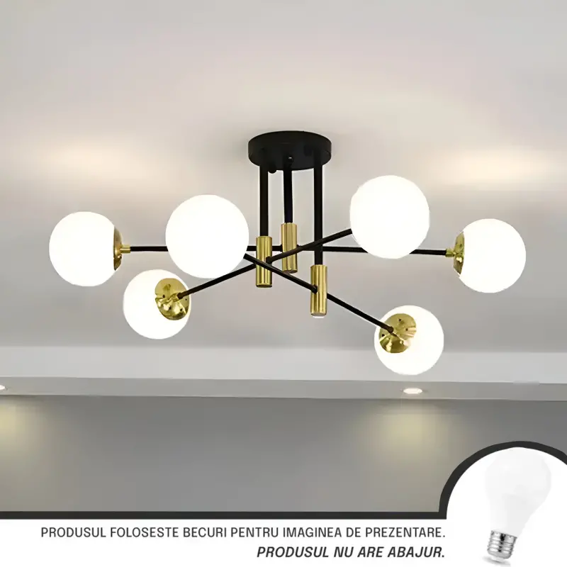 Previzualizare 2: Lustra cu Glob Alb Rotund, PENTHOUSE Lounge, 6xE27, Negru / Auriu, Metal