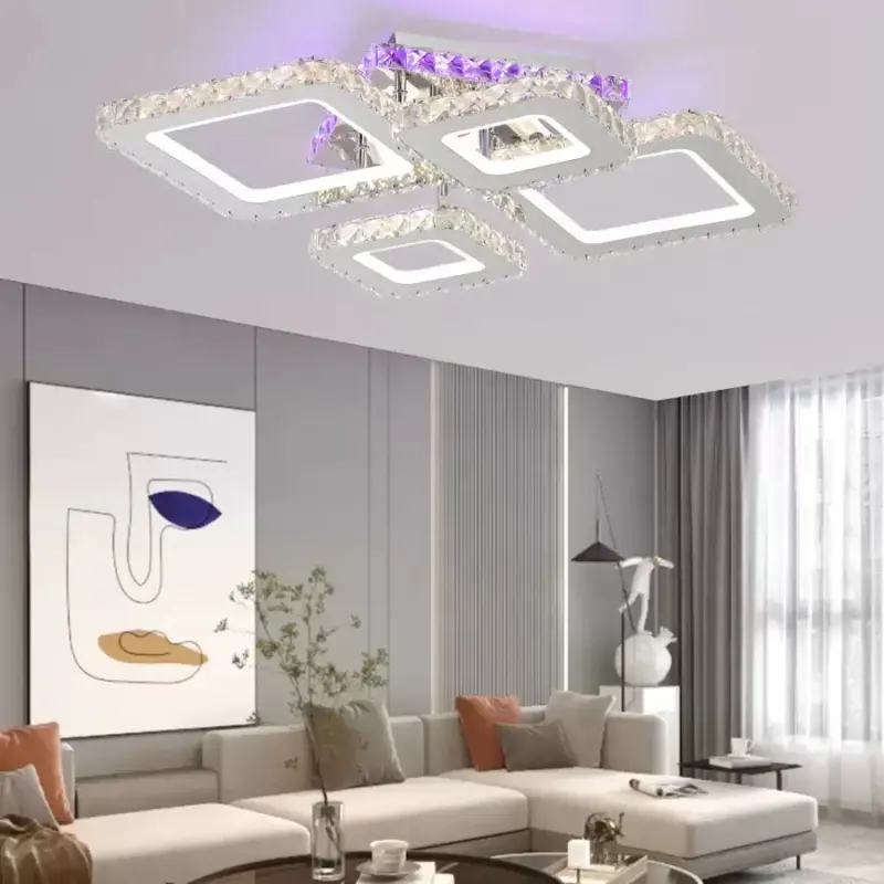 Lustra LED cu telecomanda si cristal NOVA RHOMBA RGB 95W, 4 Patrate, lumina Rece/Calda/Neutra, Dimabila, Crom Lucios