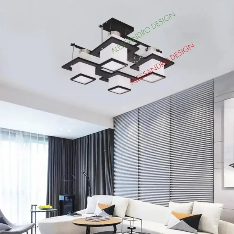 Previzualizare 3: Lustra Clasica Aramis cu lemn, Abajur Patrat, 4 X Dulie E27, Alb / Negru