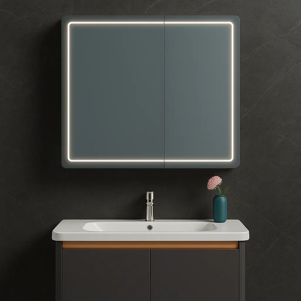 Oglinda LED cu Dulap de Baie si Lavoar Suspendat, 80x60 cm, Design Modern, Iluminare Integrata