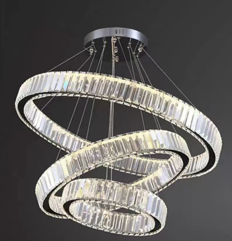 Previzualizare 2: Lustra LED cu telecomanda LLC130/3CH, Cristal si Metal, 119W, 3 Cercuri, Dimabila, Inaltime Reglabila, Lumina Rece/Calda/Neutra, Iluminat Luxos