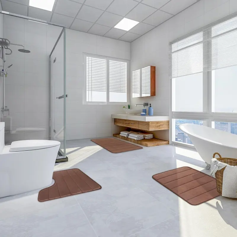 Previzualizare 4: Covorase de Baie, 80x50 cm / 50x40 cm, Maro, Antiderapant, Absorbant, Set 2 bucati