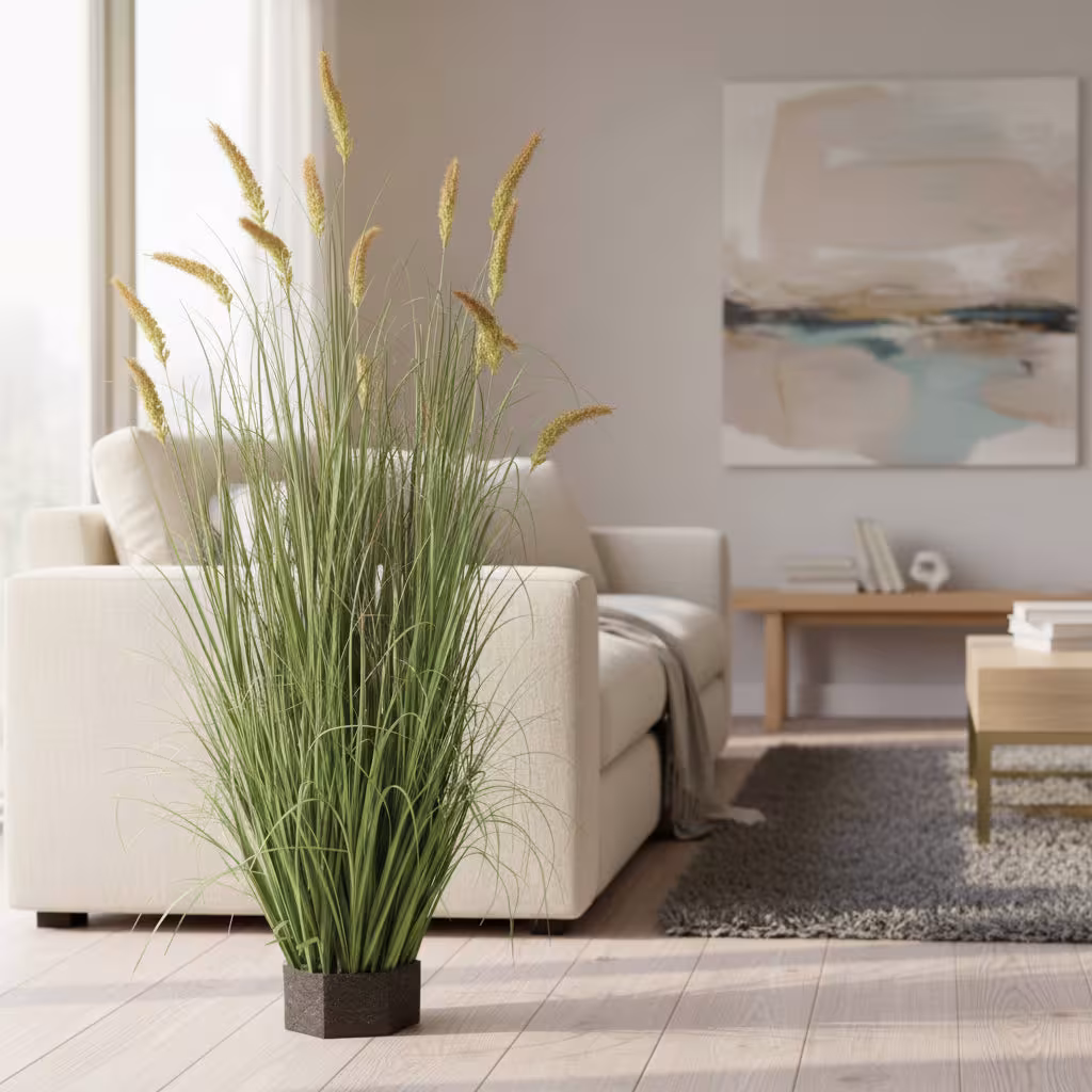 Planta Artificiala Iarba Ornamentala Tip Coada de Pisica, 150 cm, 17 tulpini, iarba curbata si spice, Verde, Fara Ghiveci