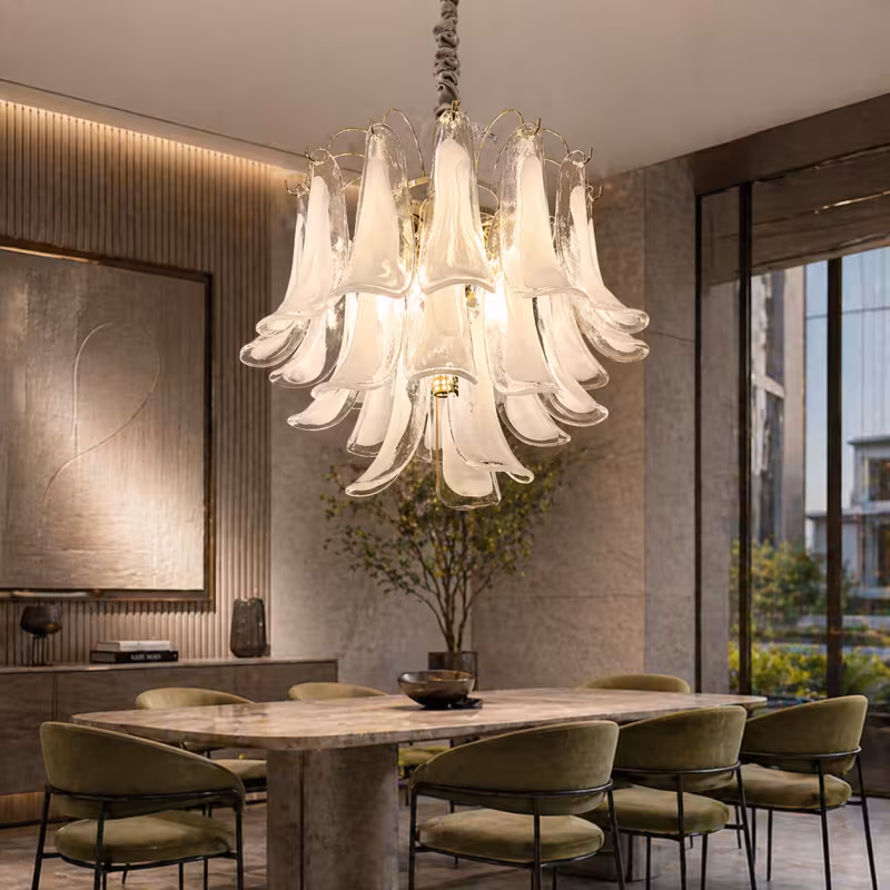 Candelabru Cristal MURANO Magno 7xE14, D60 cm, Alb, Inaltime Reglabila, Metal si Cristal