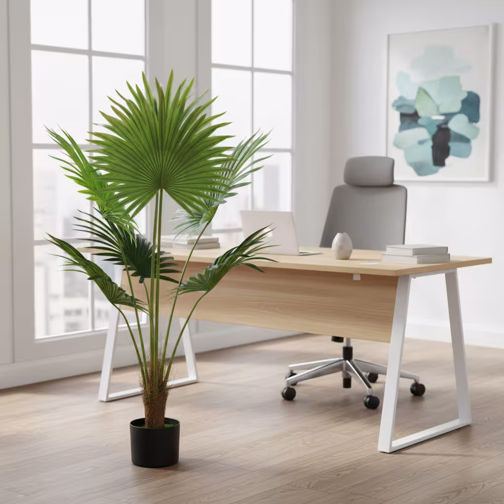 Planta Artificiala Tip Palmier Livistona Evantai, 5 frunze, 120 cm, Verde