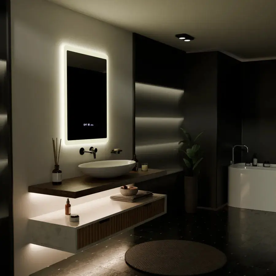 Oglinda LED Rectangulara, 60x80cm, ELANCEE Senzor MotionGlow Marcello, Sistem Dezaburire, Ceas & Termometru, Dimabila