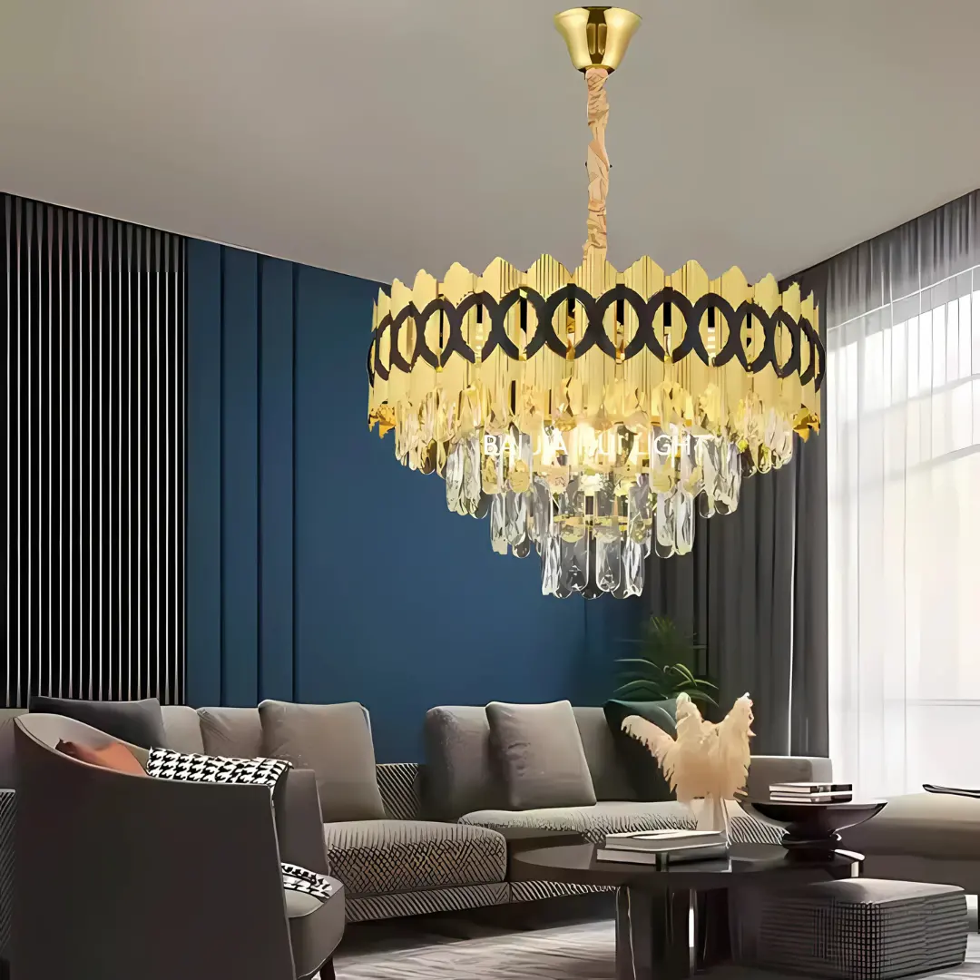 Candelabru Cristal PIERREFONDS Nobile 5xE14, Diametru 38.5cm, Auriu Lucios, Inaltime Reglabila