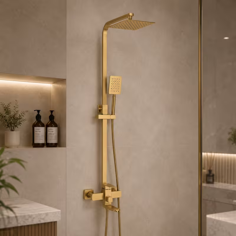 SET Coloana de dus cu baterie, Inox, Para patrata, Efect ploaie, 3 functii, Montare pe perete, Finisaj Auriu Periat, Accesorii Incluse