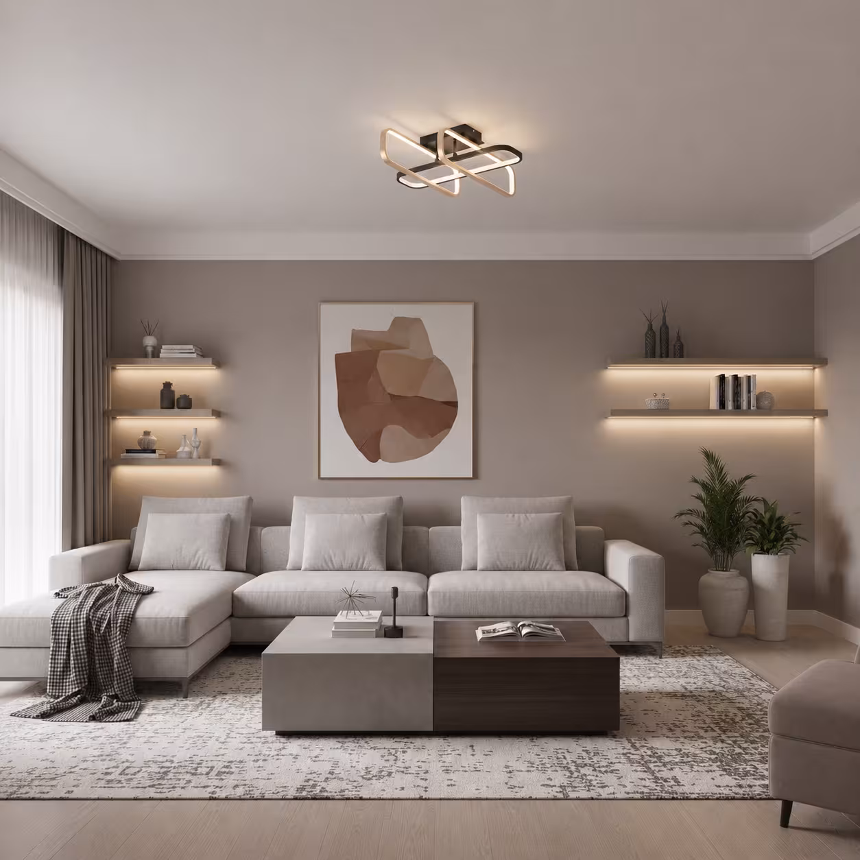 Lustra LED cu telecomanda TRANBERG, 3 surse(1negre+2auriu), 3000K/4000K/6000K, 144W, Metal si Plastic, Negru