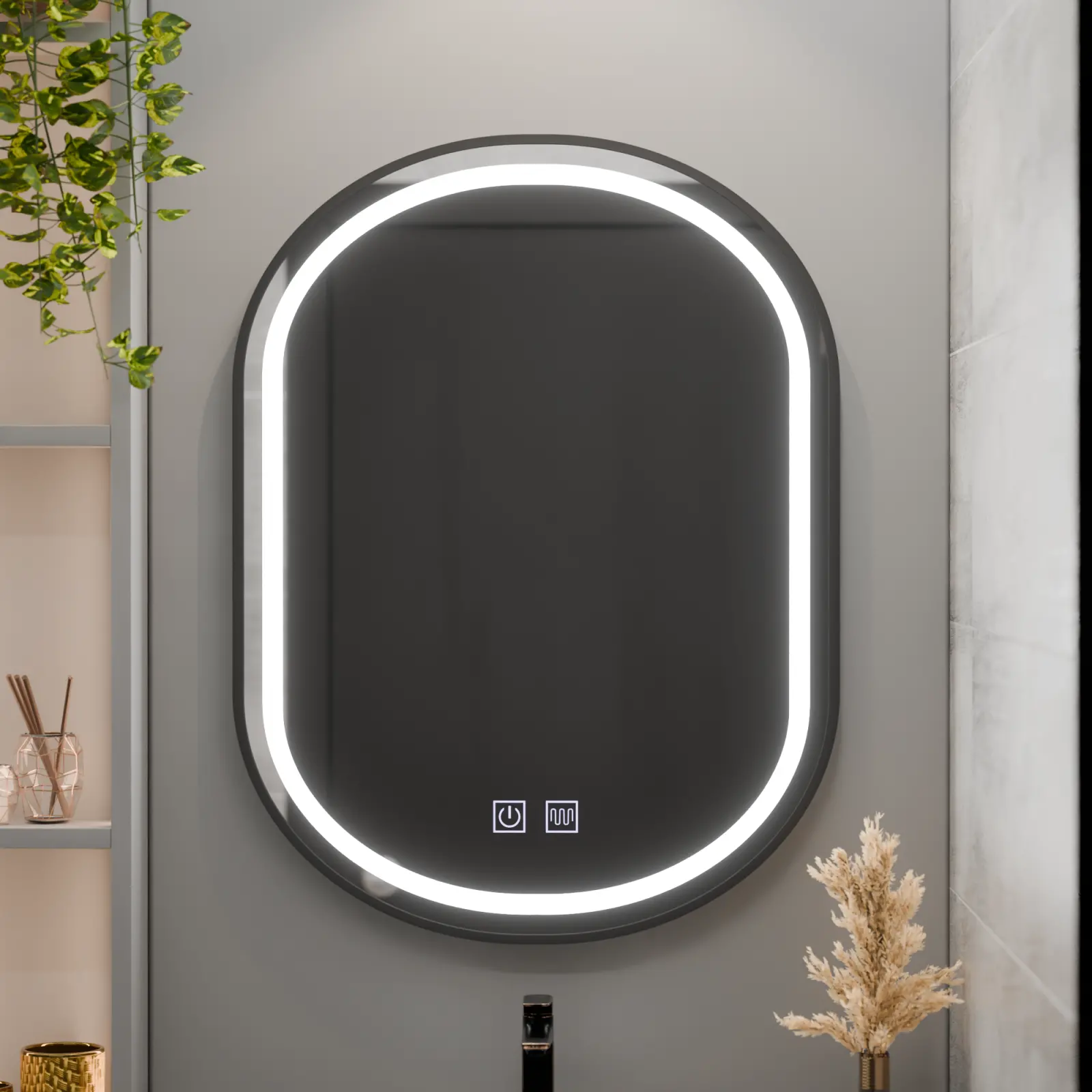 Oglinda LED Ovala 50x80cm VETRO Touch Sistem Dezaburire Dimabila, Rama Neagra