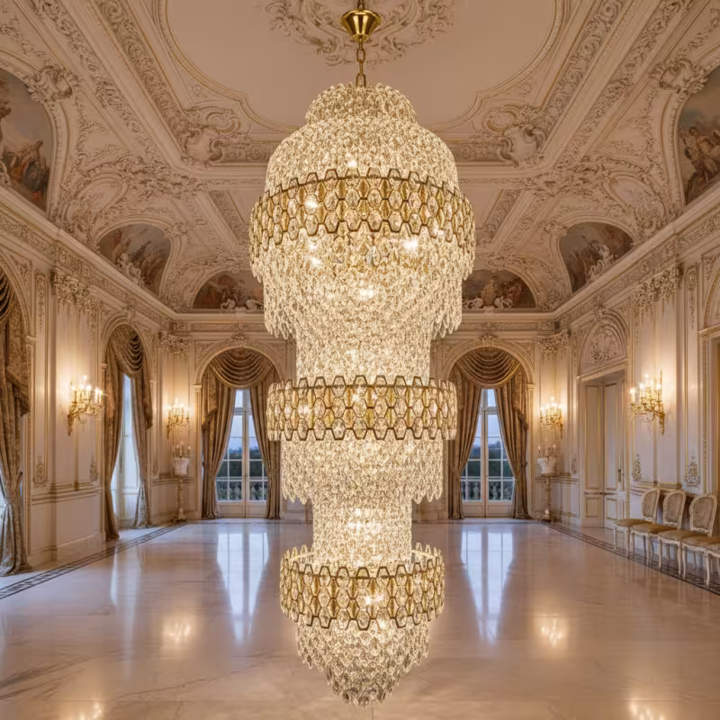 Previzualizare 3: Candelabru Cristal TRIO Magno 49xE14, Diametru 65cm, Inaltime 200cm, Auriu Lucios, Inaltime Reglabila, Design Elegant