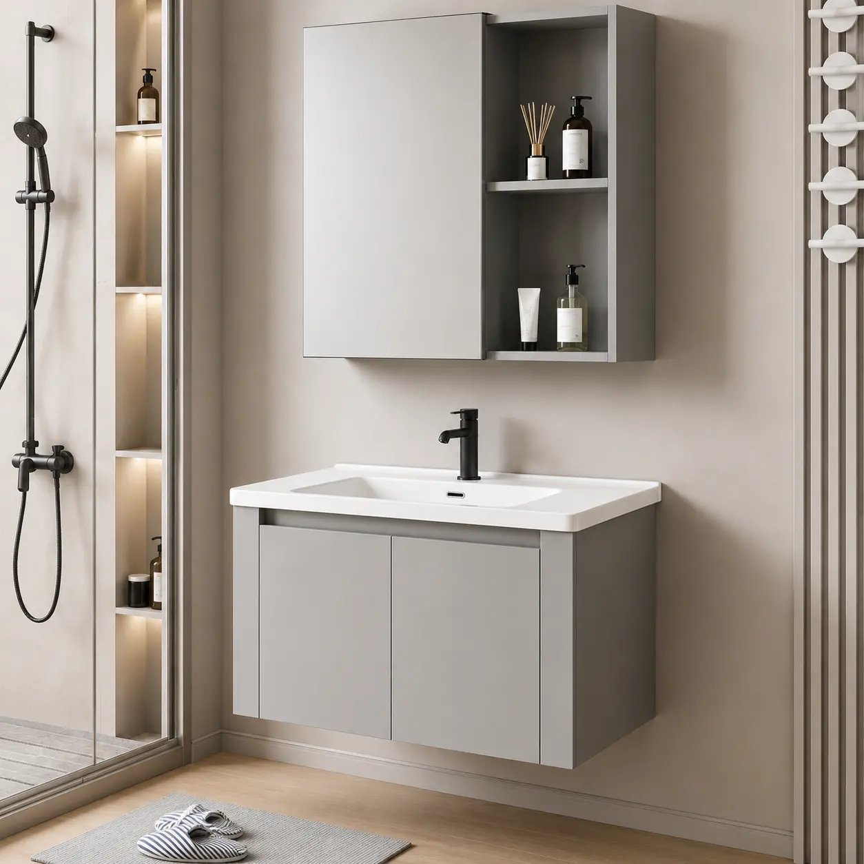 Set Mobilier TIVOLI pentru Baie ,Dulap Lavoar+Dulap Oglinda 80cm, 2 Piese, Gri si Alb