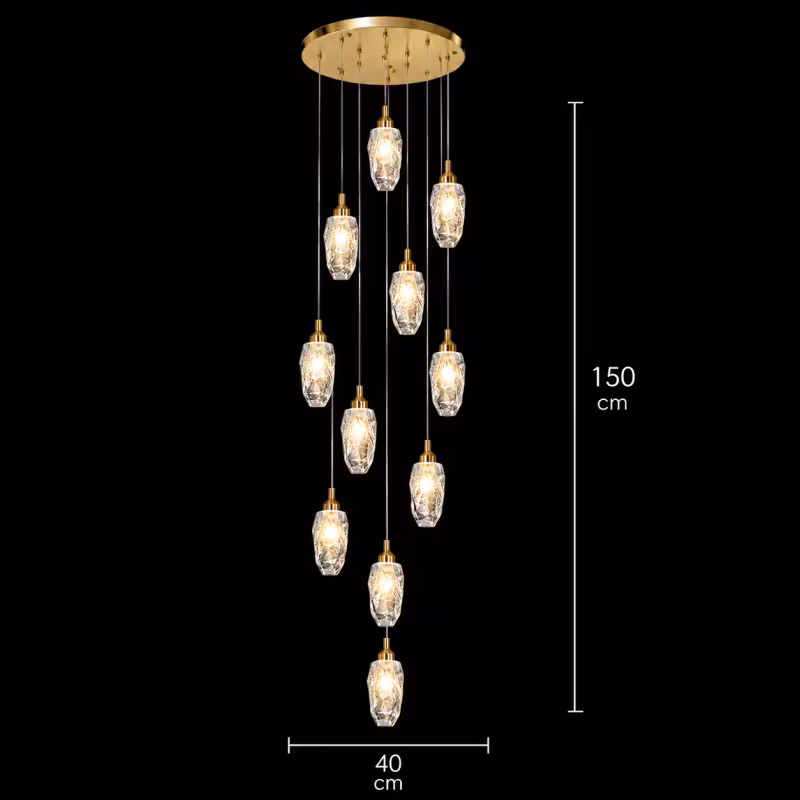 Previzualizare 4: Candelabru Cristal AROHA LED cu Telecomanda, Suspendat, 12 Surse, 36W, Diametru 40cm, Lumina Calda / Neutra / Rece, Inaltime Reglabila, Auriu, Metal si Cristal