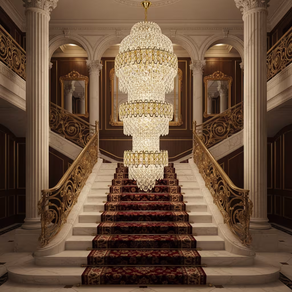 Candelabru Cristal TRIO Magno 49xE14, Diametru 65cm, Inaltime 200cm, Auriu Lucios, Inaltime Reglabila, Design Elegant