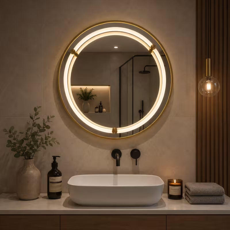 Oglinda LED WARSA Rotunda, 60cm, Auriu Lucios, Senzor, Lumina 4000K, Sistem Dezaburire, Metal, Functii Ceas si Temperatura
