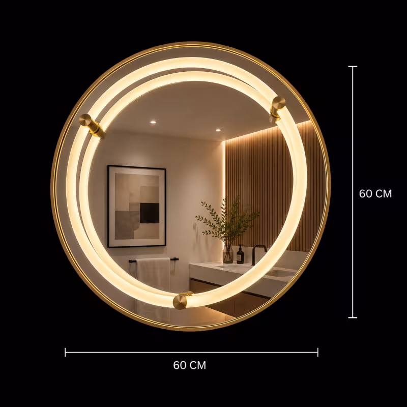 Previzualizare 3: Oglinda LED WARSA Rotunda, 60cm, Auriu Lucios, Senzor, Lumina 4000K, Sistem Dezaburire, Metal, Functii Ceas si Temperatura
