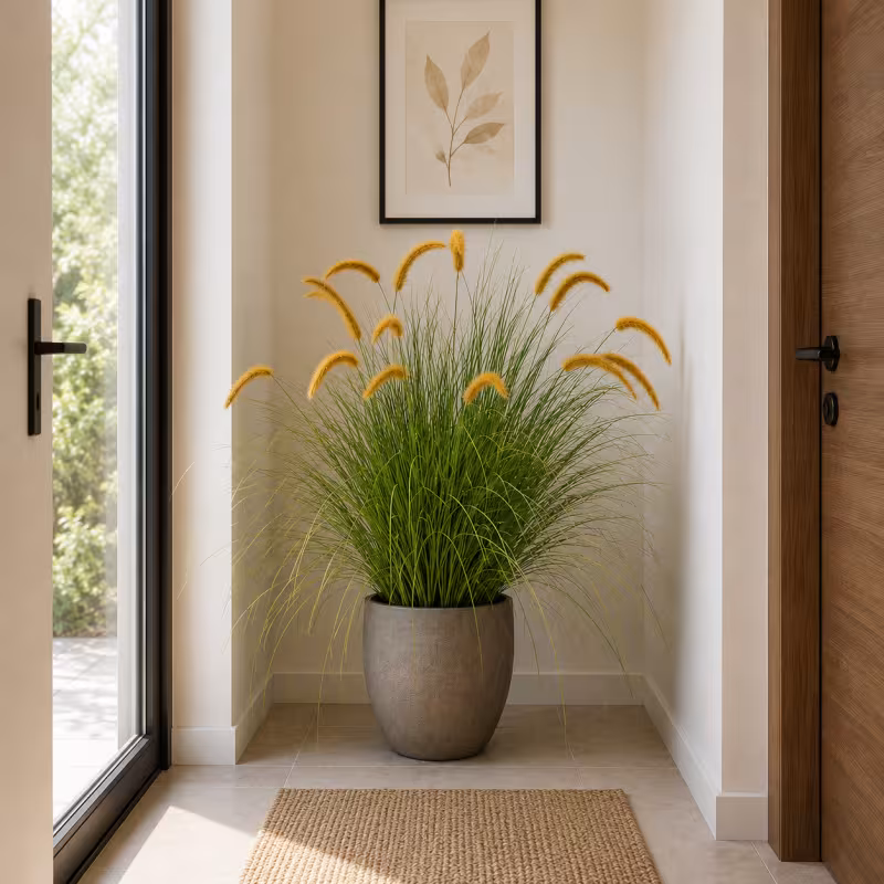 Planta Artificiala Iarba Ornamentala Tip Coada de Vulpe, 100cm, Iarba curbata cu Spice, Verde si Galben, Fara Ghiveci