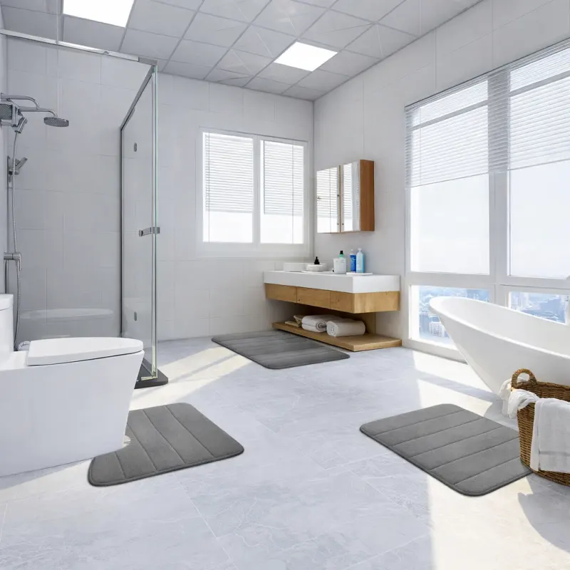 Previzualizare 3: Covorase de Baie, 80x50 cm / 50x40 cm, Gri, Antiderapant, Absorbant, Set 2 bucati