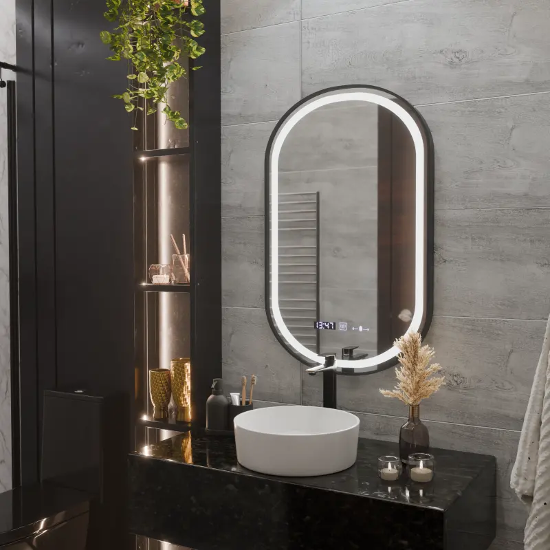 Previzualizare 3: Oglinda LED Touch Helmut Sistem Dezaburire, Ceas si Temperatura 50x80 cm Rama Negru Brushed Marcello Funghi