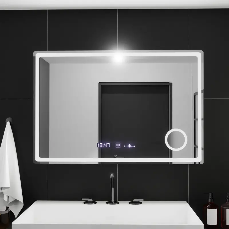 Oglinda LED Rectangulara, 90x60cm, Velour MotionGlow Marcello, Sistem Dezaburire, Ceas & Termometru, Lupa Cosmetica, Dimabila