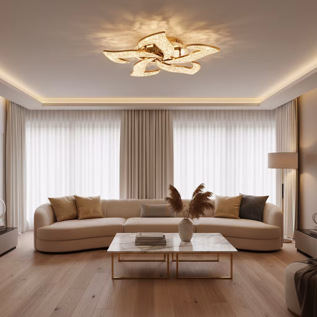 Lustra LED HALESA Magno cu telecomanda si cristal, 66W, 5 Surse, Lumina Rece/Calda/Neutra, Dimabila, Auriu