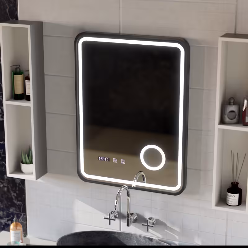 Previzualizare 3: Oglinda LED Touch Ulrich Sistem Dezaburire, Ceas si Temperatura 75x90 cm Rama Negru Brushed Lupa Cosmetica