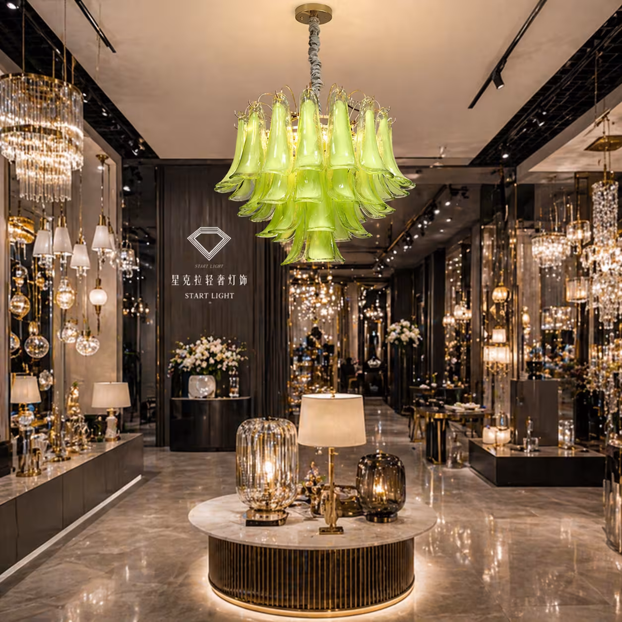 Candelabru Cristal MURANO Magno 7xE14, D60 cm, Verde, Inaltime Reglabila, Metal si Cristal