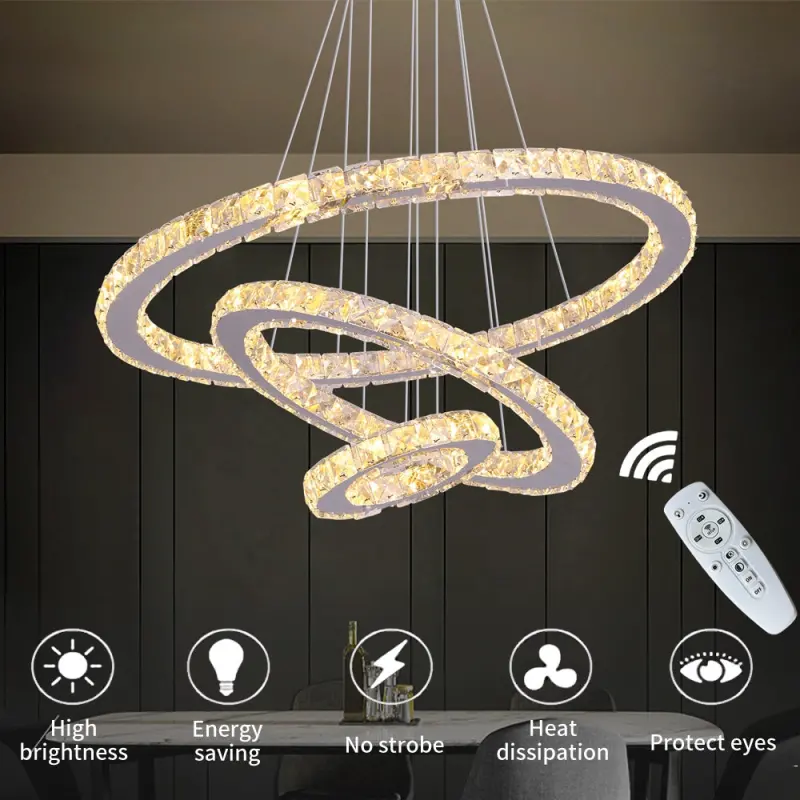 Previzualizare 3: Lustra LED suspendata cu telecomanda si cristal CAYDEN 200W, 3 Cercuri, lumina Rece/Calda/Neutra, Dimabila, Crom Lucios, Inaltime Reglabila