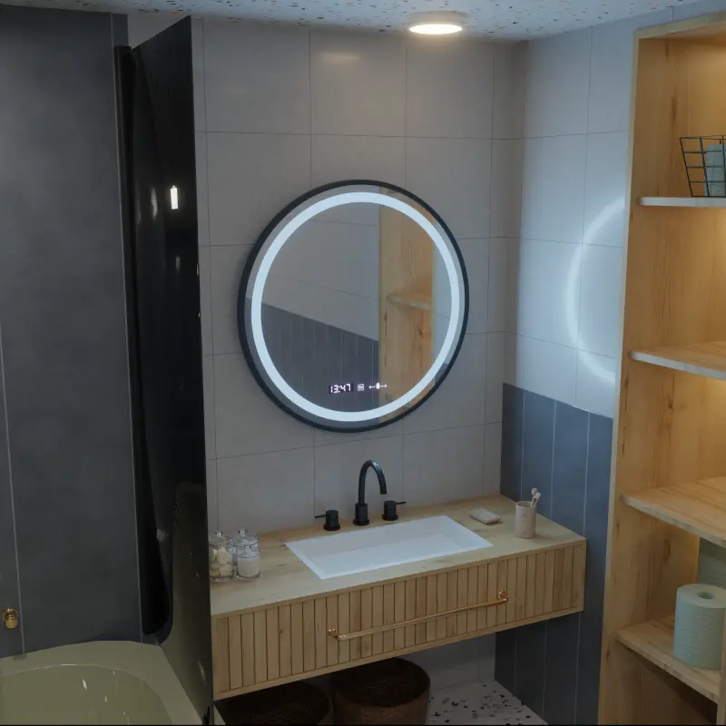 Previzualizare 3: Oglinda LED Rotunda, 60cm, Celeste Majeste Noir MotionGlow Marcello, Sistem Dezaburire, Ceas & Termometru, Dimabila