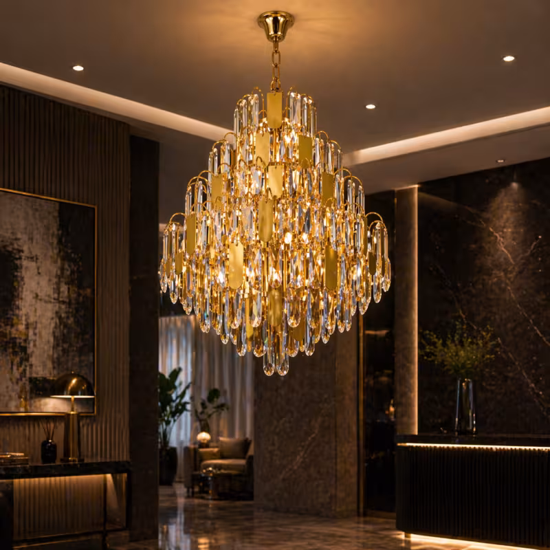 Previzualizare 4: Candelabru Cristal TIER Eleganza 10xE14, D50 cm, Auriu, Inaltime Reglabila, Metal si Cristal