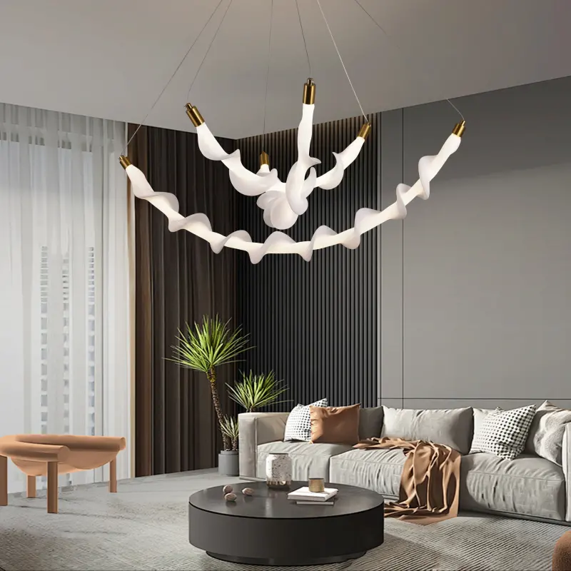 Previzualizare 3: Lustra LED Suspendata Acril UNDA Crown, 28W, Lumina Calda/Neutra/Rece 3000/4000/6000K, Alb, Inaltime Reglabila, Metal si Acril